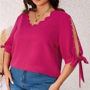 BloomChic Women's Plus Size Pink Scalloped Trim Pearl Beaded Knot Sleeve Blouse